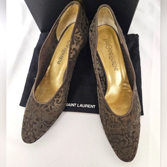 Saint Laurent Almond Toe Kitten Heels In Brown Suede And Velvet Mesh Size 9 - Picture 3 of 12